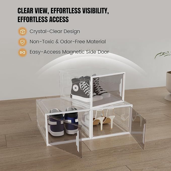XL Large Stackable Shoe Boxes - Clear Plastic Shoe Storage Boxes with Magnetic Door, Thicken Shoe Organizer for Closet, Space Saving Foldable Shoe Containers Bins for Sneaker Boot - 6 Pack(White)