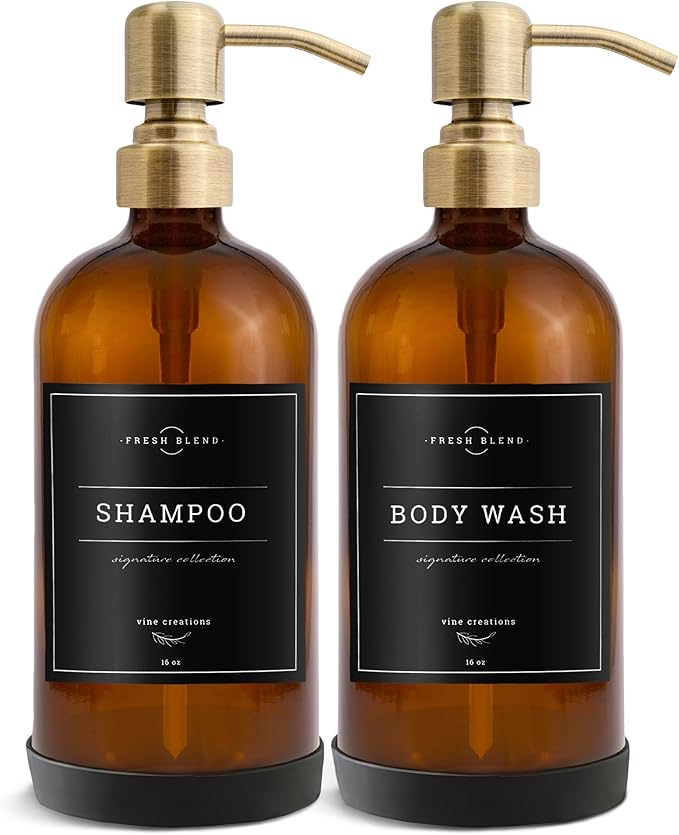 Vine Creations Amber Glass Soap Dispenser, 2 Pack Kitchen Soap Dispenser Set with Stainless Steel Pump, 16 oz Dish Soap and Hand Soap Dispensers for Bathroom with Waterproof Labels and Protective Pads
