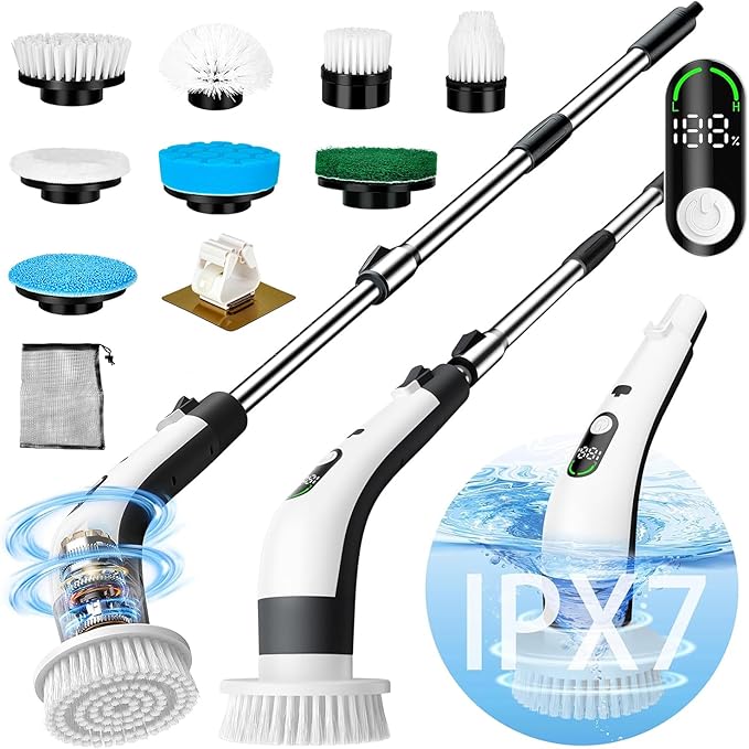 PUNOMO Electric Spin Scrubber, Cordless Waterproof Cleaning Brush with 8 Replaceable Brush Heads - 120Mins Work Time Adjustable Long Handle 2 Speeds 360 Power Scrubber for Bathroom Shower Kitchen Car