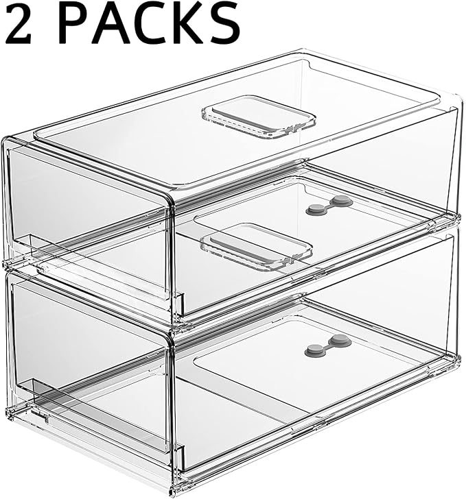 YekouMax Fridge Drawer Organizer - 2 Pcs Pull-Out Cabinet Storage Containers For Fridge, Freezer, Pantry Organizer for Kitchen Storage & Organization Sets, 11.81" Long