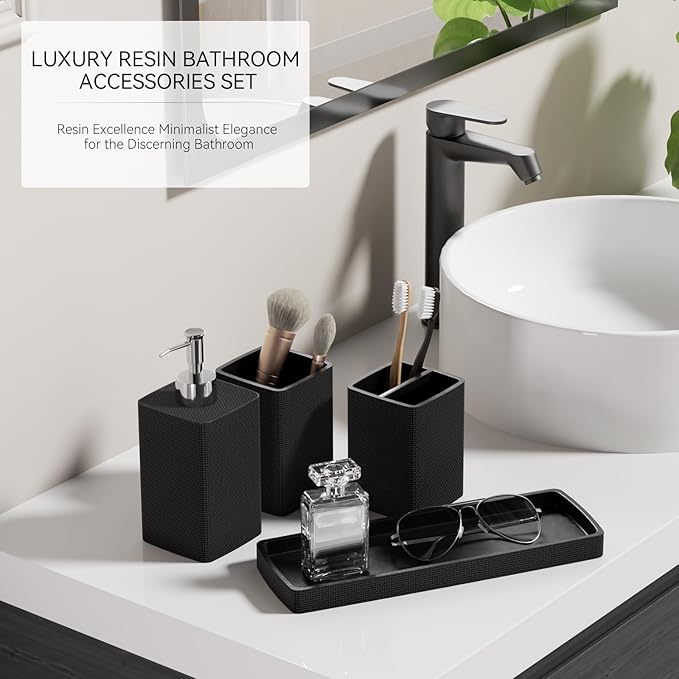 Resin Black Bathroom Sets, Black Bathroom Accessories Set with Shower Curtain, Bath Towel Set, Natural Loofah Sponge, Soap Dispenser, Toothbrush Holder, Bathroom Tumbler and Tray for Countertop