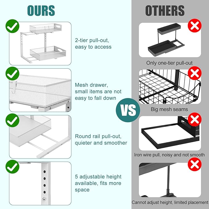 Housolution 2 Pack Large Under Sink Organizer, 2 Tier Metal Pull Out Under Sink Storage with Sliding Mesh Drawers, Height Adjustable Slide Out Under Cabinet Organizer for Kitchen Bathroom, White