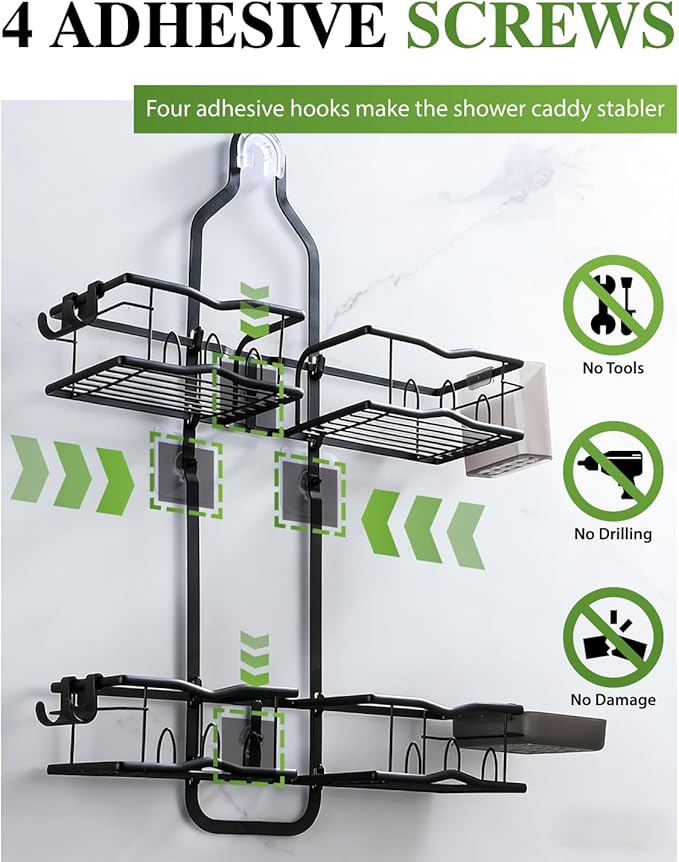 Shower Caddy Hanging – Rustproof Shower Organizer Hanging for Inside Shower – Over the Showerhead Rack with Soap Holder & Razor Hooks, No Drilling Bathroom Shower Shelves and Storage, Black