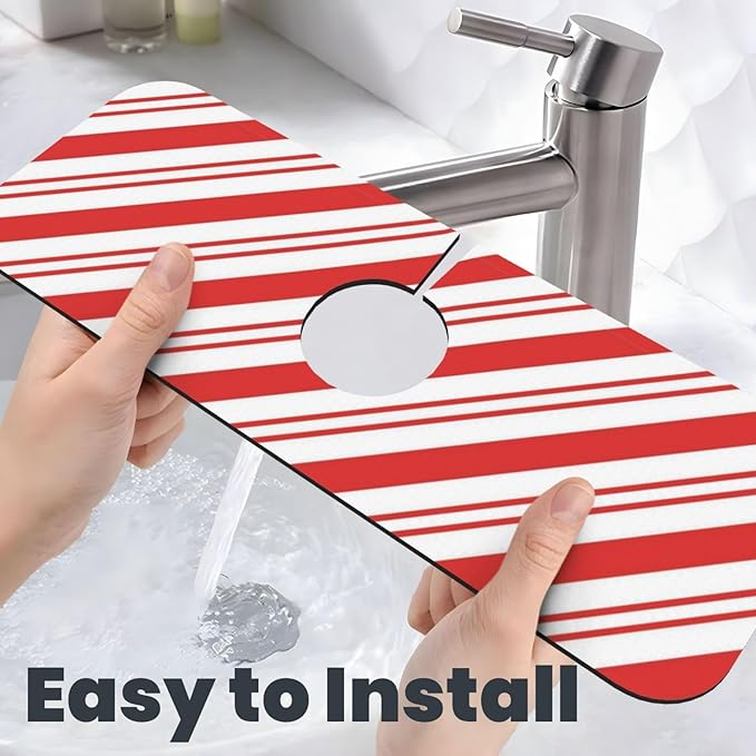 Christmas Red And White Candy Cane Swirl Stripe Striped Stripes Candycane Kitchen Sink Splash Guard Faucet Mat Super Absorbent Fast Drying Mat Sink Sink Mat For Kitchen Bathroom (15" X 5.5" )