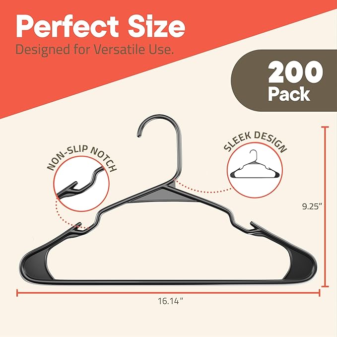 Gray Plastic Hangers 200 Pack– Heavy-Duty Plastic Hangers Slim and Space-Saving, Durable and Lightweight PP with Non-Slip Shoulder Notches for Slip Dresses, Suits, Jackets & Camisoles