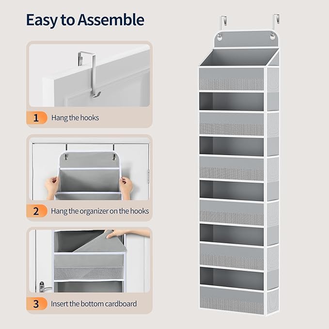 Yecaye 6 Tier Over The Door Organizer Storage, Heavy Duty Door Organizers Hanging with 12 Side Mesh Pockets, 52.8lbs Load Capacity Behind Door Storage for Bathroom Nursery Bedroom Dorm Closet, Grey