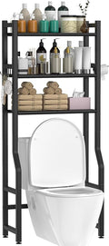 3 Tier Over The Toilet Storage Rack with Toilet Paper Holder, Metal Freestanding Bathroom Shelves with 4 Hooks, Over Toilet Storage Shelf for Bathroom Storage, Black