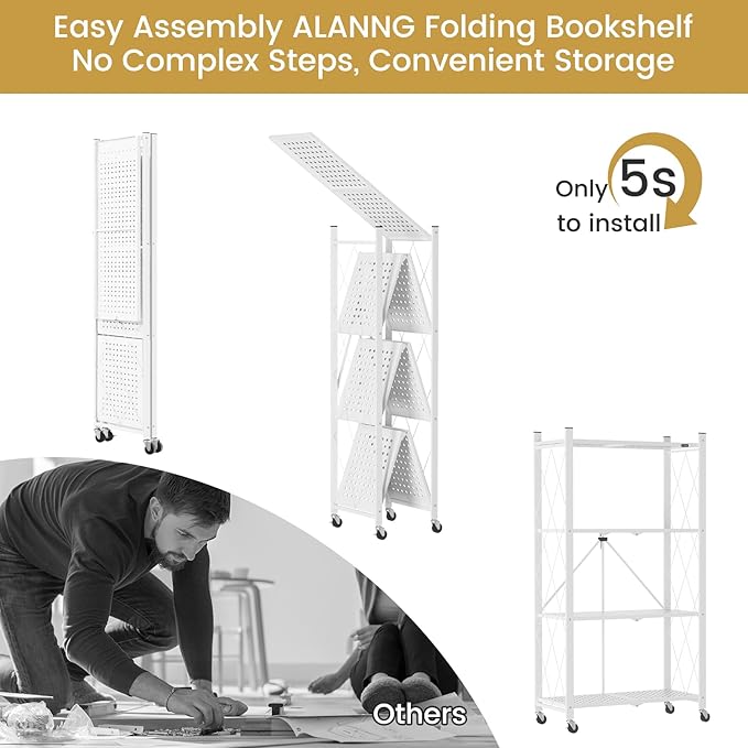 ALANNG Heavy Duty 4-Tier Folding Shelf with Wheels, No Tools Assembly Metal Storage Rack Cart, 264LBS Capacity for Kitchen, Pantry, Laundry Room, Garage, (White, 2PACK)