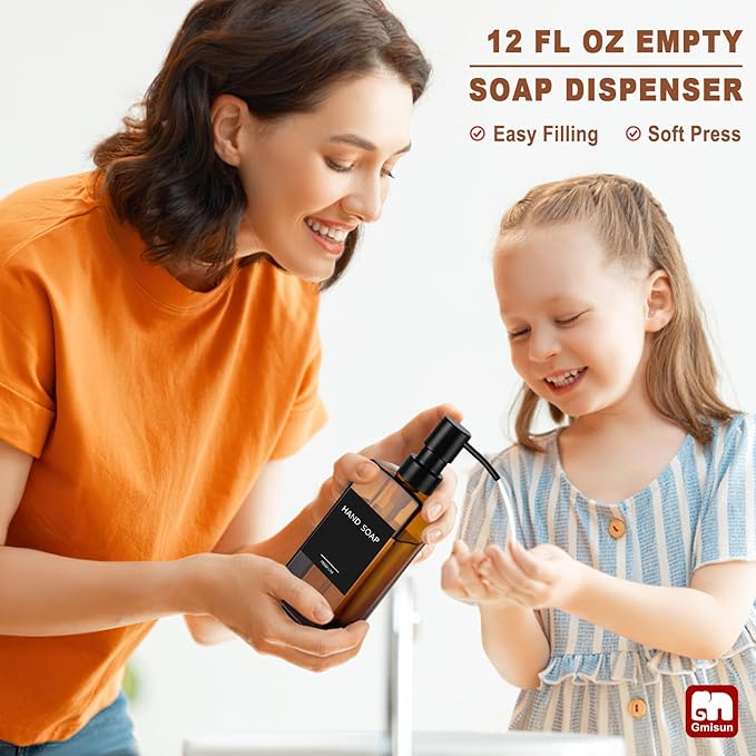 GMISUN Amber Glass Soap Dispenser, Hand Soap Dispenser with Stainless Steel Pump for Bathroom, 12 fl oz/350ml Refillable Dish Dispensers for Kitchen, Modern Liquid Lotion Bottles for Countertop