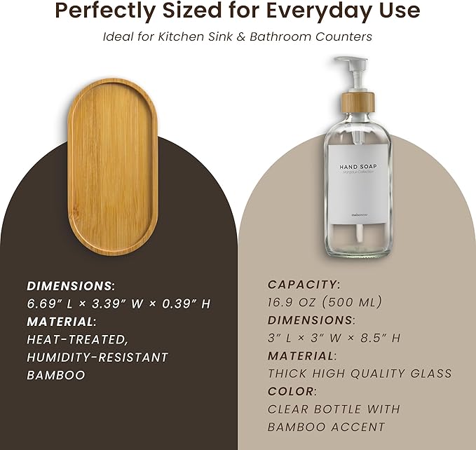 MaisoNovo Glass Dish Soap Dispenser for Kitchen Set of 2-16.9oz Clear Dish and Hand Soap Dispenser Set for Kitchen - Clear Glass Bottles x 2 with White Bamboo Pumps & Tray