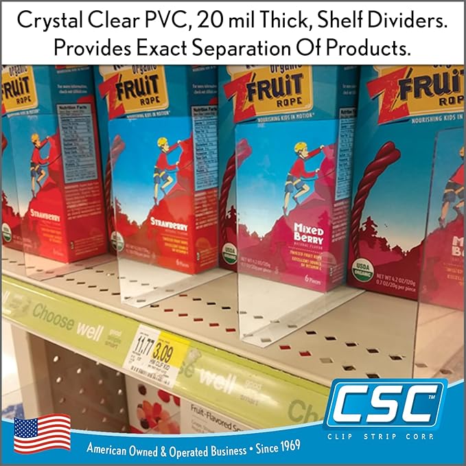 Clip Strip Shelf Dividers for Retail Stores - Lightweight, Clear Adhesive Mount 3" H x 11-9/16" L Corp., 20 mil Crystal Clear PVC, Retail Shelf Separator, Item SD-3012, Pack of 50