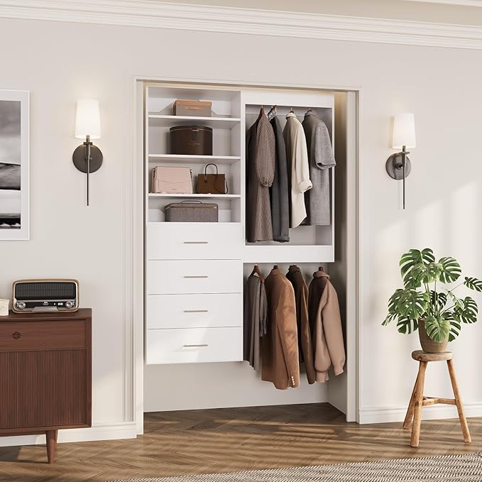 ROOMTEC Modular Closet System, 49" Wall-Mounted Closet Organizer with Drawers and Hanging Rods, Wooden Tower for Walk-In Closets, Wardrobe Storage Kit, White