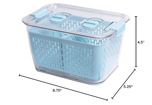 Kitchen Spaces Colander Bin, Produce Saver, Fridge Organizer With Lid, Wash, Strain and Store, Great for Refrigerator, Freezer and Pantry, Medium, Blue, Pack of 1