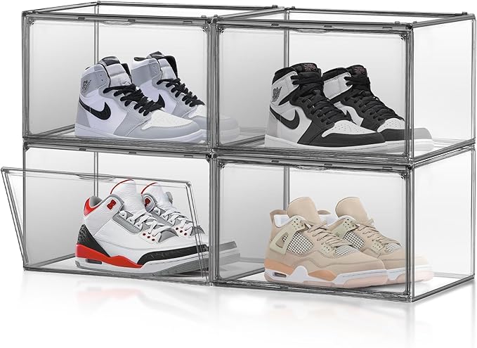 4 Pack Pure Organizer for Closet, Acrylic Shoe Box Size 14, Clear Display Case Handbag Organizer Shoe Box with Lid