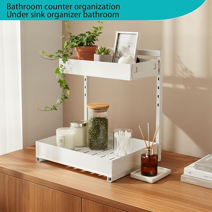 Under Sink Organizer, Bathroom Counter Organizer, 2 Packs 2-Tier Metal, Under Cabinet Storage, Makeup Storage, Adjustable Height & Slide-Out Drawer for Kitchen Bathroom Dorm Shop Office, White
