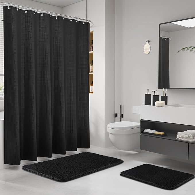 Black Bathroom Sets, Black Bathroom Accessories Set with Shower Curtain and No-Slip Bath Rugs, Natural Loofah Sponge, Soap Dispenser, Toothbrush Holder, Bathroom Tumbler and Tray for Bathroom