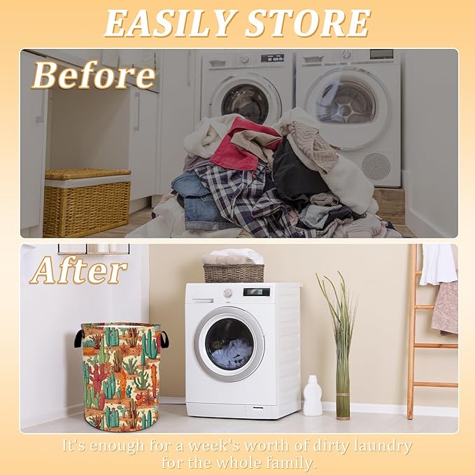 Tropical Cactus Laundry Basket, Foldable Waterproof Oxford Cloth Laundry Hamper Funny Tote Bag Dirty Clothes Storage Bucket Toy Organizer for Bathroom/Laundry/Bedroom 15.7"x19.6"