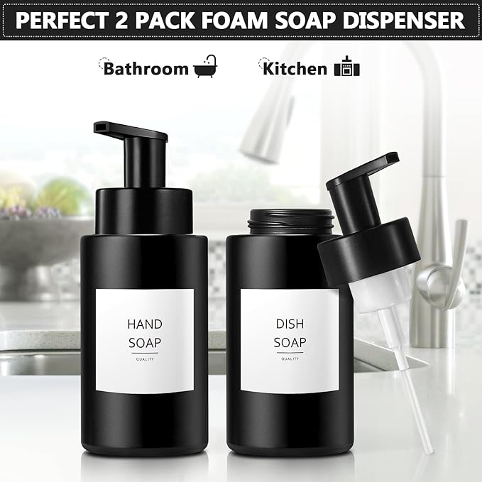 Matte Black Foaming Hand Soap Dispenser, 10 oz/300ml Glass Foam Dispenser, 2 Pcs Foaming Soap Dispenser for Bathroom, Black Refillable Pump with Waterproof Labels