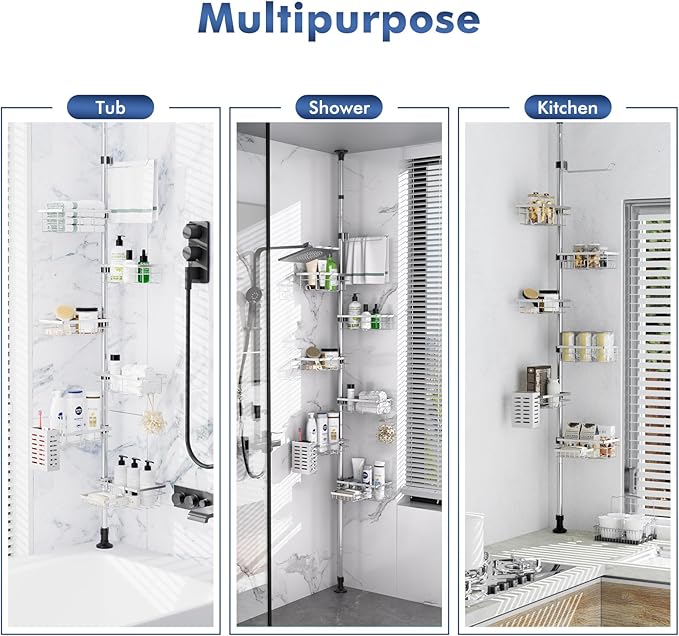 Shower Caddy Corner Tension Pole, Stainless Steel Rustproof 6 Shelves Bathroom Organizer with Towel Bar & Toothbrush Holder, Adjustable Shower Shelf for Renters - Family Stand Storage Rack