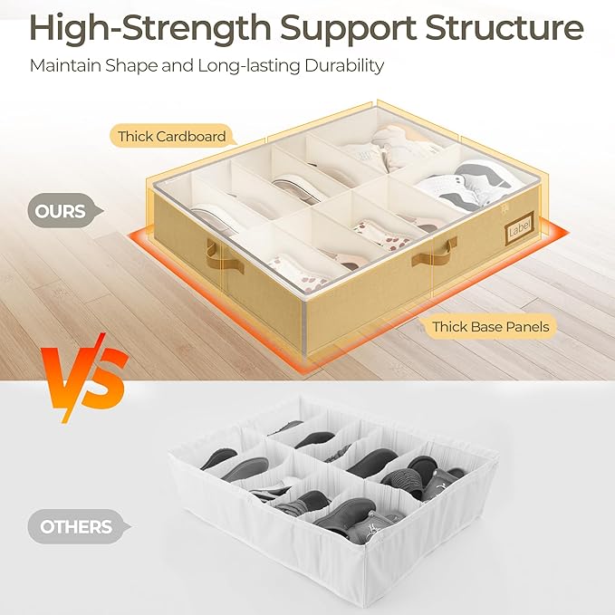 StorageWorks Under Bed Shoe Storage for Closet, 2-Pack Ultra-thick Fabric Shoe Organizer, Collapsible Shoes Containers with Bottom Support, Fits up to 24 Pairs, Taupe