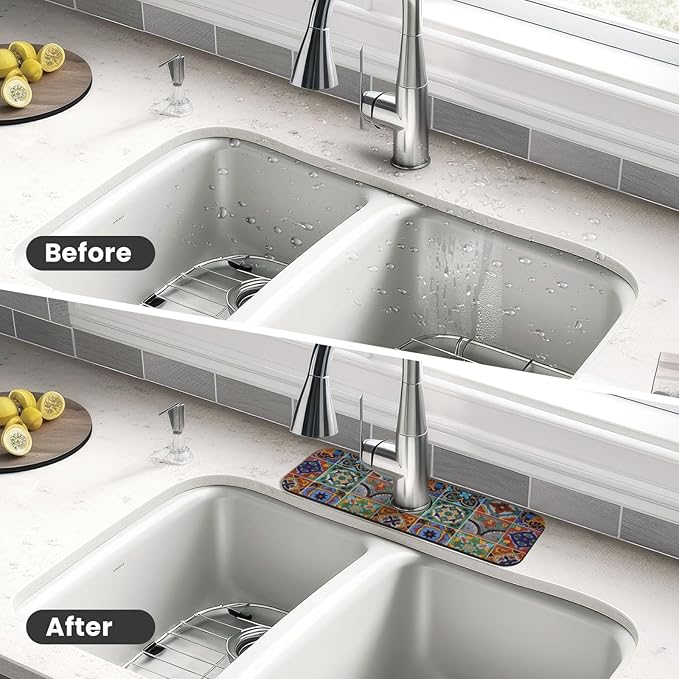 Faucet Draining Mat For Kitchen Sink, Talavera Mexican Tiles Diatom Mud Absorbent Drain Pad For Bathroom Kitchen Sink Splash Guard Drying Mat