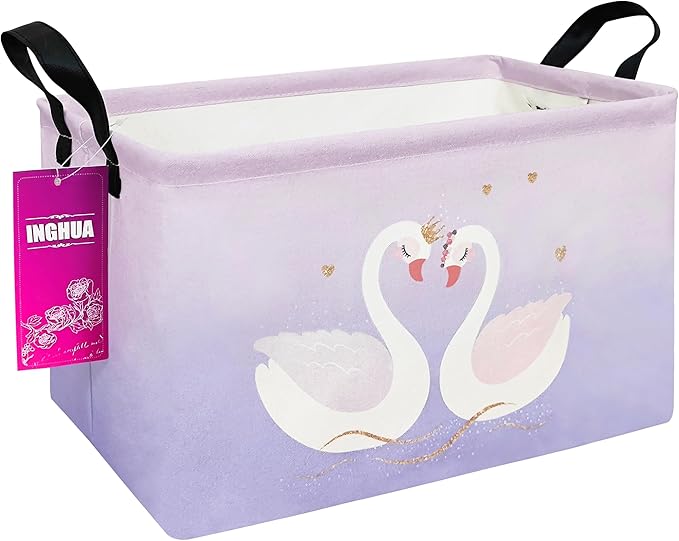 Rectangular Storage Basket Fabric Organizer Bin for Toys,Books,Clothes,Gifts,Pets-Perfect for Home,Office,Nursery,Dorm,Shelf(Rec-Love Swans )