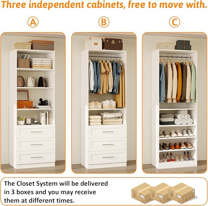 Closet System With 3 Sets, 6–16 Ft Closet Organizer System With 6 Drawers, Walk-In Closet With 9 Shelves & 5 Adjustable Hanging Rods, Customizable Modular Closet Kit, White