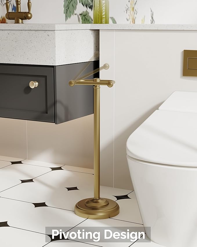 WZKALY Toilet Paper Holder Stand, Brushed Brass Toilet Paper Holder Free Standing, Post Pivoting Design & Stable Weighted Base SUS304 Stainless Steel for Bathroom(Mega Roll)