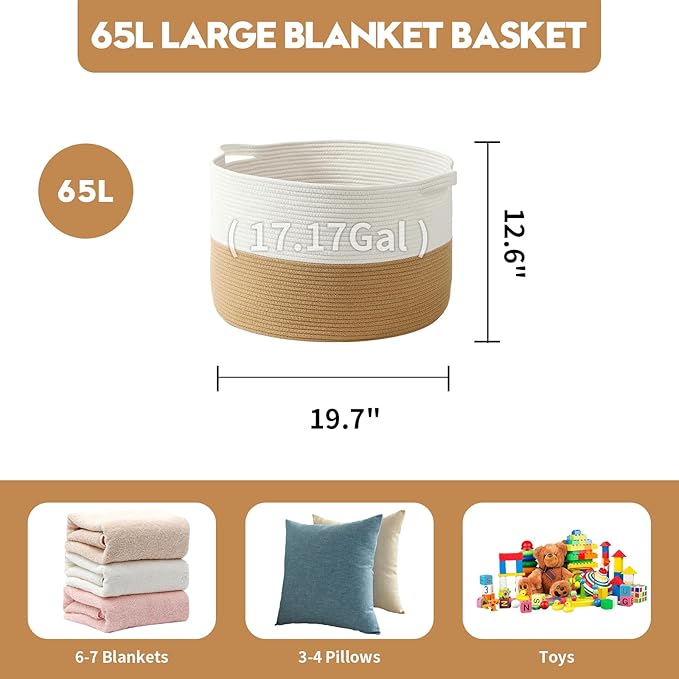 Foldable Laundry Hamper Basket with Collapsible Handle Cotton Rope Soft Woven Fabric Storage Organizer Clothes Toys Nursery Bedroom Dorm Space Saving Bin (White & Camel, 65L(19.7"D x 12.6"H))