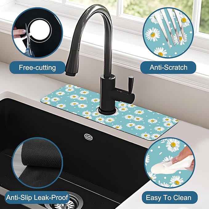 Cute Daisy Sink Faucet Absorbing Mat White Daisies Super Absorbent Fast Drying Mat Sink Gadgets Behind Faucet Sinkmat for Kitchen Bathroom, 15.5"x5.5"