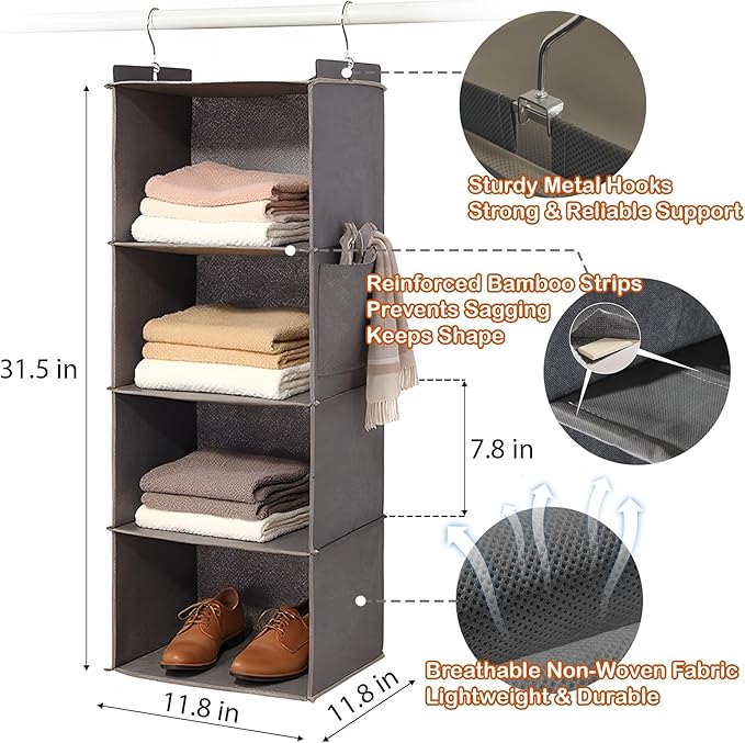 Hanging Closet Organizer 4 Shelf - Hanging Cube Organizer with Pockets, Sweater Shoe Storage, Max Storage for RV Closet, Grey (2)