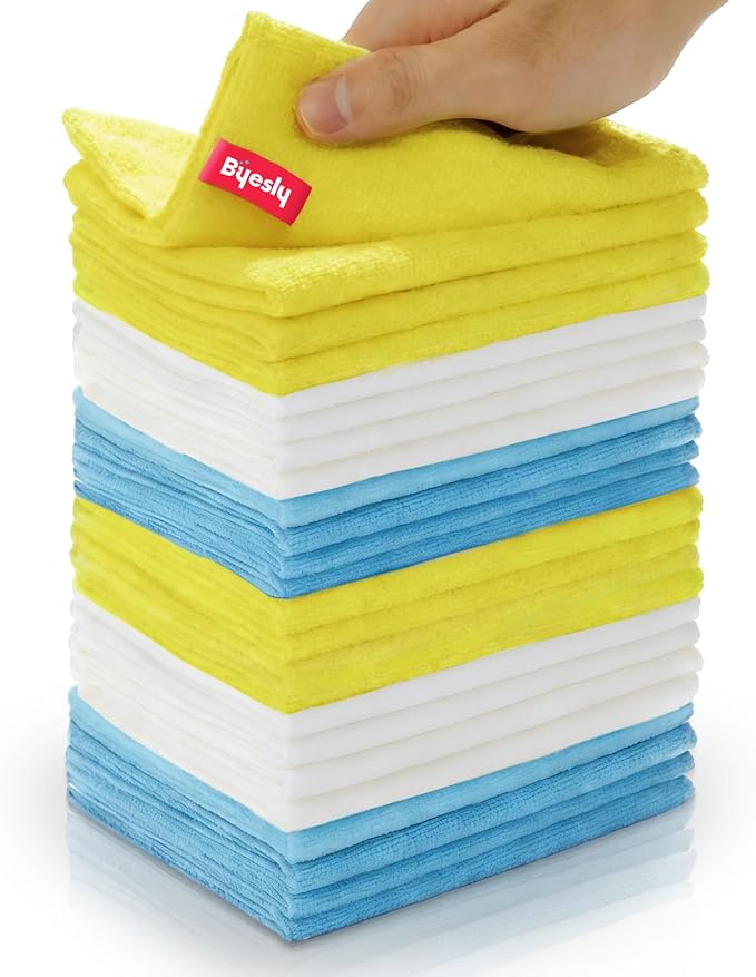 24-Pack Microfiber Cleaning Cloth, 11.5x11.5 Microfiber Towels for Cars, Dishes & House, for Detailers, Chefs & Efficient Home | Scratch-Free, Lint-Free, Ultra Absorbent(Yellow/White/Blue)