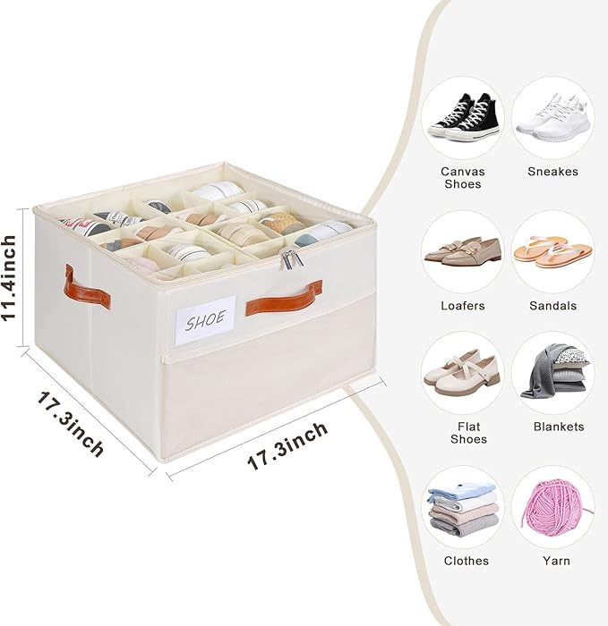 HOMICKER Shoe Organizer for Closet, Shoe Storage Box, Foldable Shoe Box with Adjustable Dividers and Clear Cover, Closet Shoe Organizer Fits up to 16-32 Pairs, Extra Storage Pocket for Socks (2 Pack)