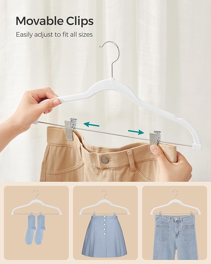 SONGMICS 50-Pack Pants Hangers, 16.7-Inch Long Velvet Hangers with Adjustable Clips, Heavy-Duty, Non-Slip Skirt Hangers, Space-Saving for Pants, Skirts, Coats, Dresses, White UCRF012W50