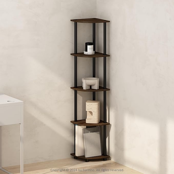 Furinno TURN-N-TUBE Corner Shelf, 5-Tier Corner Bookshelf, Open Storage Shelves, for Organization and Storage, Living Room, Home Office, Garage, Bedroom, Columbia Walnut