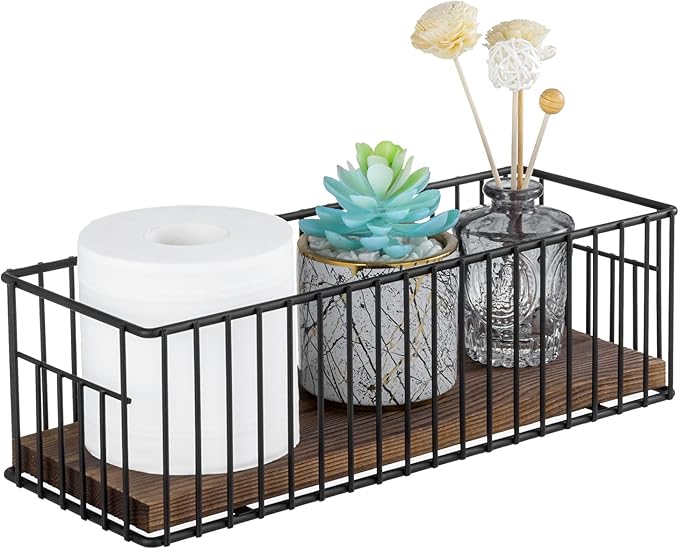 MyGift Toilet Paper Roll Holder Basket, Industrial Matte Black Metal Wire and Rustic Burnt Wood Above Tank Bathroom Toiletries Storage Organizer Vanity Basket
