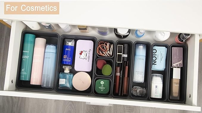 44 PCS Interlocking Drawer Organizer Set,4-Size Plastic Versatile Bathroom and Desk Drawer Divider Organizer Trays,Multi-size Storage Bins for Office,Jewelries, Kitchen Utensils and Makeup