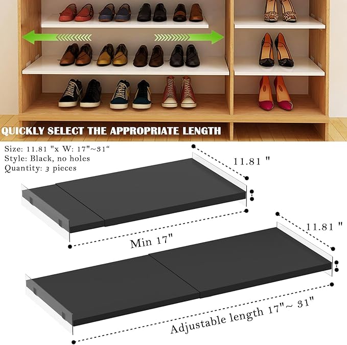 Closet Shelf Expandable-Large Metal Storage Rack,3 Packs DIY Dividers Separators for Cabinet Wardrobe Cupboard Pantry Kitchen Bathroom (Black,11.8" D x 17"-31" W,3PCS)