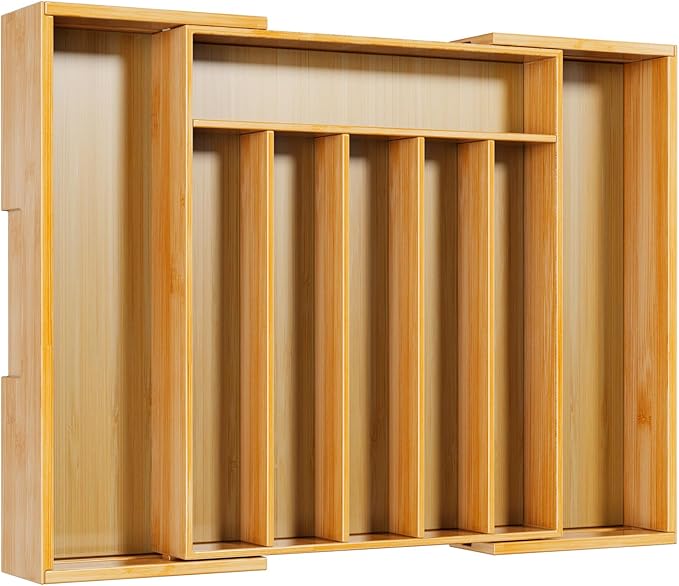 Kitsure Extra Large Bamboo Silverware Organizer - Expandable Drawer Organizer for Utensil, Cutlery and Flatware, Kitchen Storage Solution with 6 to 8 Slots, Natural, 19.7" × 15.4" × 2.0"