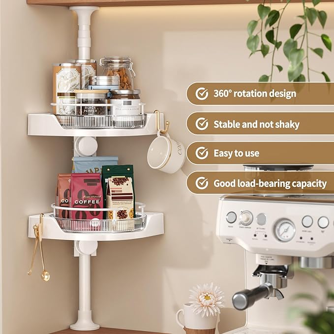2-Tier Corner Spice Rack Organizer – 360° Rotatable, 19.68-43.5" Height Adjustable, 11LBS Load-Bearing with Hooks – Space-Saving for Kitchen Counter/Cabinet Gaps, Tame Seasoning Clutter (White)