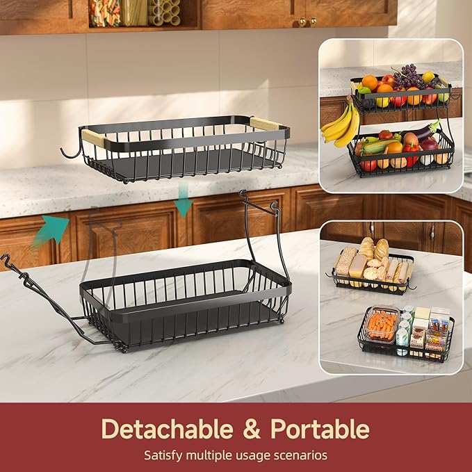 2 Tier Large Fruit Basket for Kitchen Counter with 2 Mobile Banana Hangers, 2026 Pro Detachable Metal Fruit Bowl with Wooden Handle (Brown, 3 Tier)