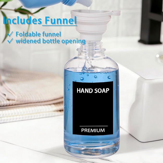 Dish Soap Dispenser for Kitchen, Hand Glass Soap Dispenser Set with Pump, Tray, Funnel for Bathroom, Shower, Laundry, Liquid, Lotion (Black 2 Pack 18 Oz Clear Bottles with 12 Stickers)