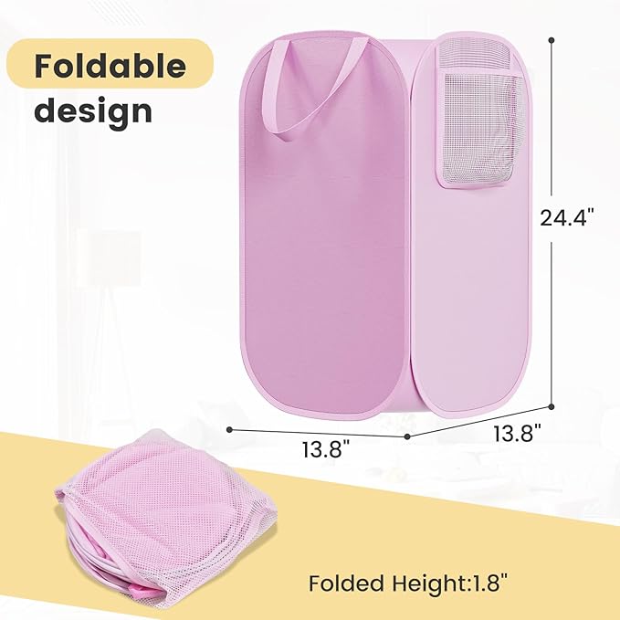Polyester Strong Mesh Pop-up Laundry Hamper, Quality Pop Up Hampers for Laundry with Durable Handles Solid Bottom High Carbon Steel Frame, Easy to Open and Fold Flat for Storage(Light Pink)