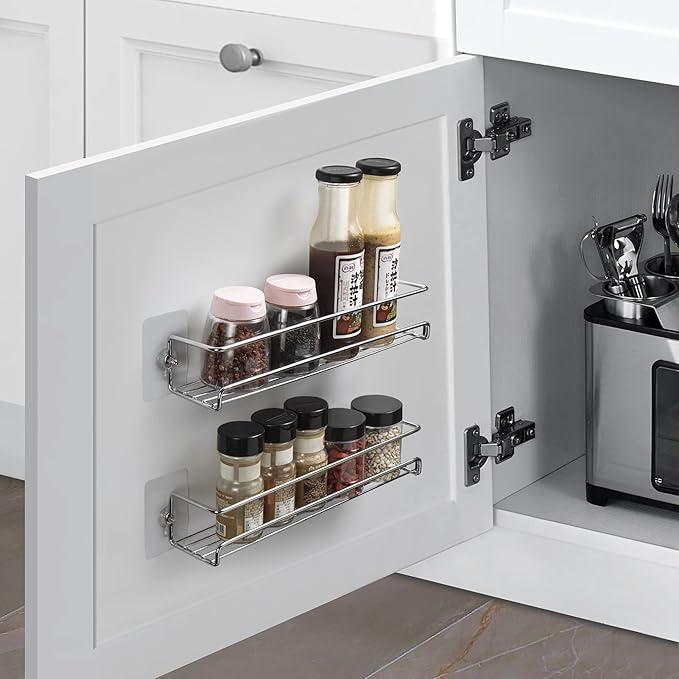 Lonian 2-Tier Wall Mounted Spice Rack Organizer, Chrome Metal Spice Shelf Storage Basket for Kitchen Cabinet/Pantry Door, Includes Drilling & No-Drilling Installation Options