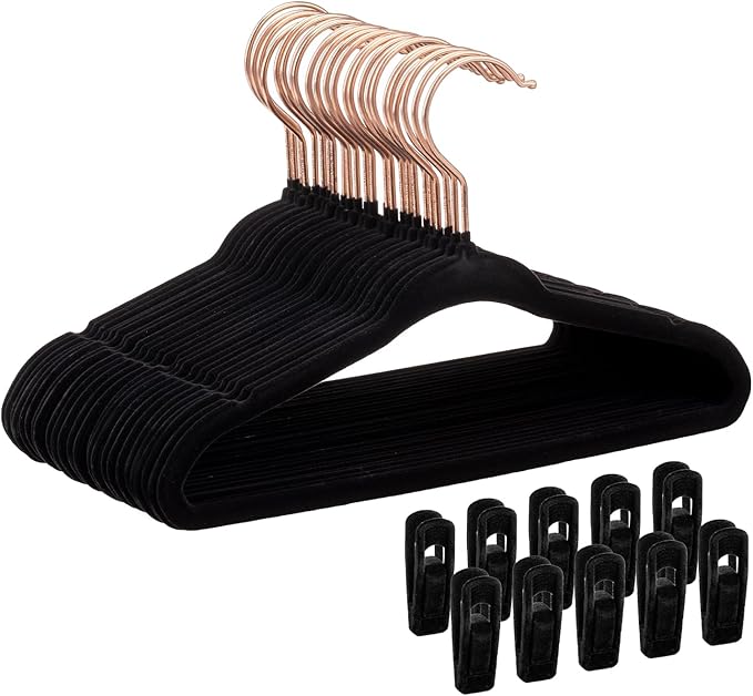 Baby Velvet Hangers 50 Pack - 11 Inch Premium Non Slip Felt Kids Hanger for Toddler & Infant Clothes - 0.2" Ultra Thin Baby Clothes Hangers with 10 Hanger Clips - Black