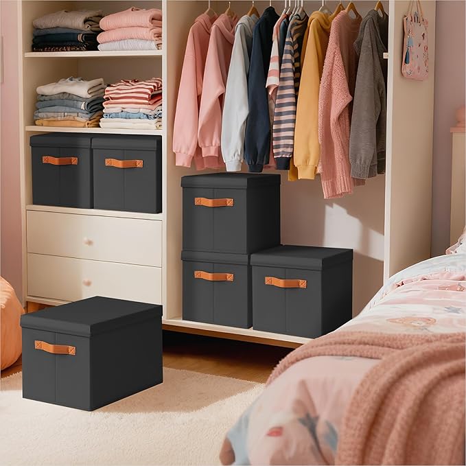 Storage Bins with Lids - Large Fabric Closet Bins with Lid, 5 Pack Clothes Organizers and Storage, Collapsible Stackable Cube Basket for Home, Office, Dorm, Black
