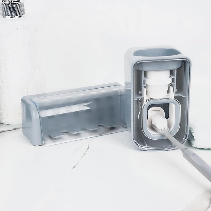 5 Slots Wall Mount Toothbrush Holder with Cover, Self Adhesive Toothbrush Storage Organizer for Shower, Toothbrush Hanger with Automatic Toothpaste Squeezer Dispenser (Grey)