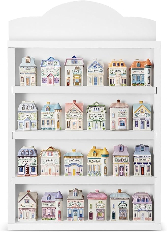 Chunful Vintage Spice Village Wooden Rack 22 x 17 x 4 Inches White Display Rack with 4 Shelves for Wall Mounting Kitchen Storage Spice Village Display Shelf for 24 Jars, Shelf Only
