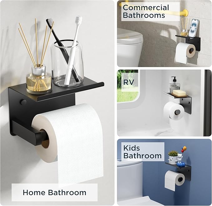 FORIOUS Toilet Paper Holder with Shelf, Adhesive or Screw Wall Mount Toilet Paper Roll Holder for Bathroom, SUS 304 Stainless Steel Commercial Toilet Tissue Holder with Storage Dispenser, Matte Black