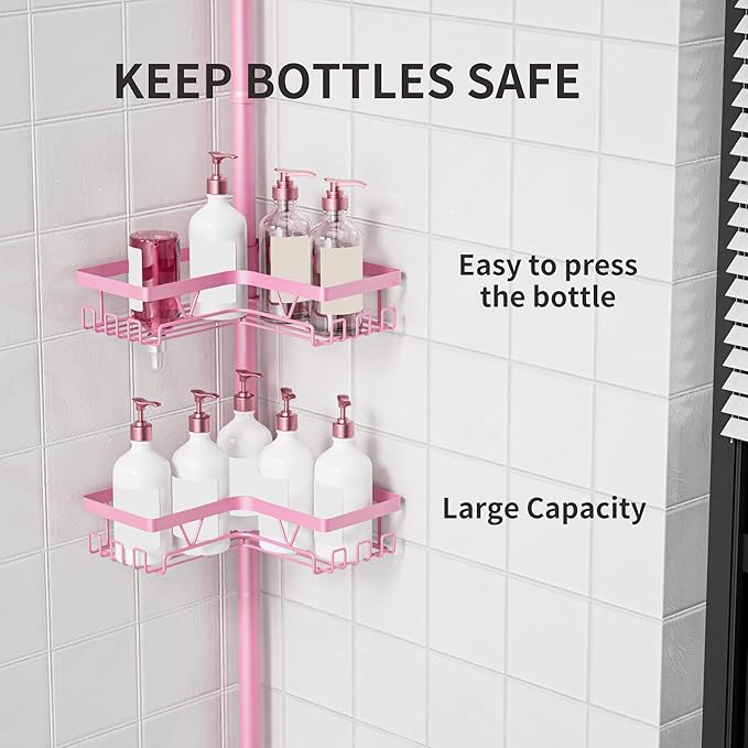 KEGII Shower Caddy Tension Pole, 4-Tier Rustproof Adjustable Corner Bathroom Organizer for Renters, 25–114.2 Inch No Drill Space-Saving Shower Storage Rack, Pink